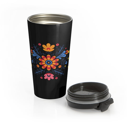 Celestial Bloom Travel Mug – Folk Floral Stainless Steel Tumbler