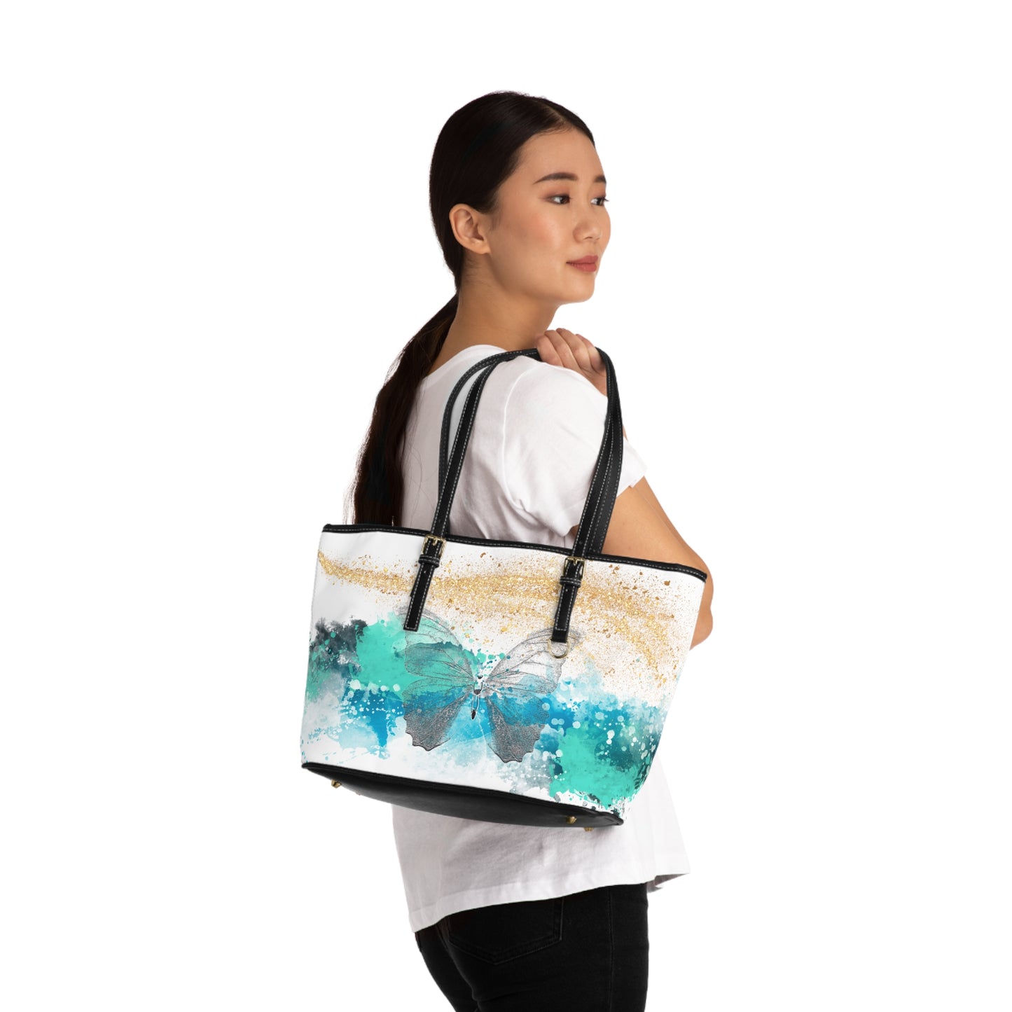 Watercolor Butterfly Leather Shoulder Bag – Teal and Gold Artistic Handbag – Boho Chic Tote