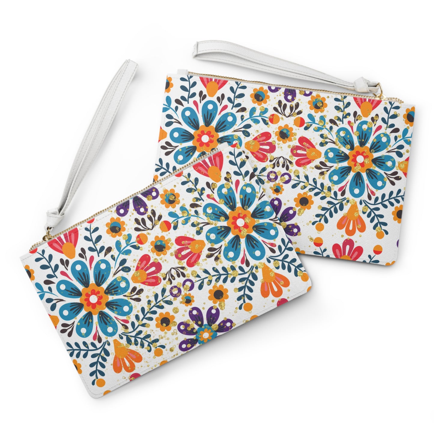 Celestial Bloom Boho Floral Clutch Bag – Folk Art Zipper Pouch with Wristlet | Vibrant Travel Bag by Stardust Cove