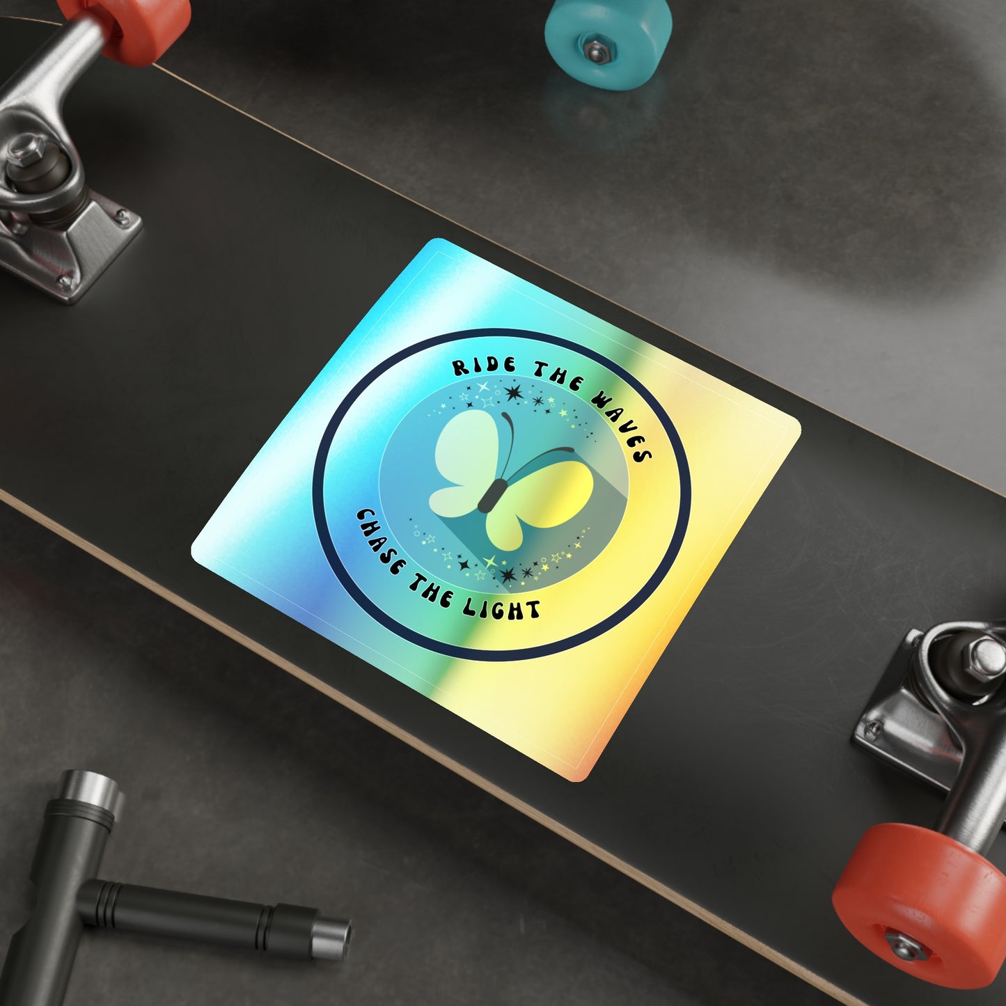 Holographic “Ride the Waves, Chase the Light” Butterfly Sticker – Motivational Decal for Laptop, Water Bottle & Journals