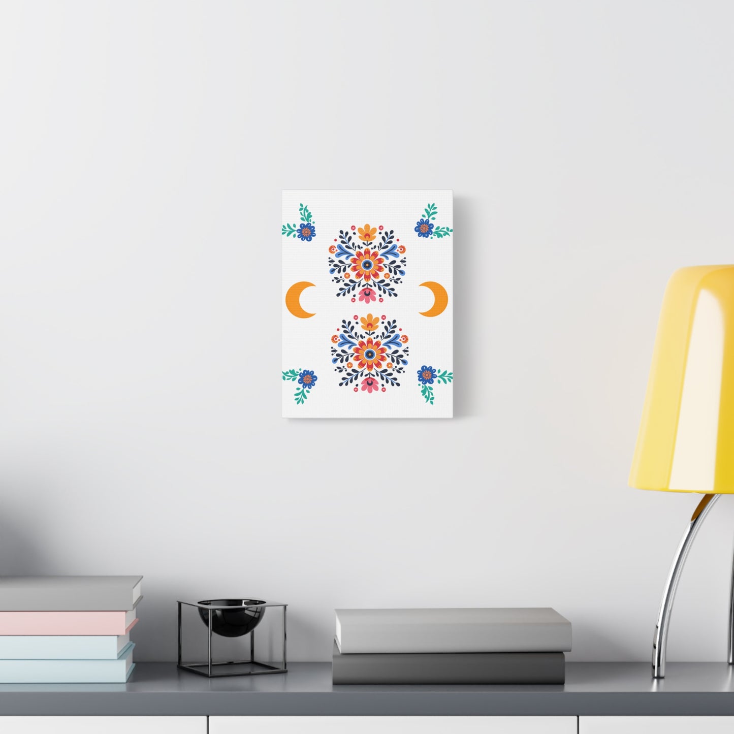 Celestial Bloom Canvas Wall Art – Moon & Floral Folk Art Print | Mystical Home Decor | Stardust Cove Exclusive
