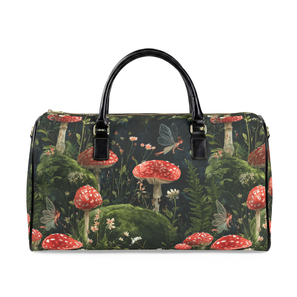 “Whimsical mushroom forest duffel bag and matching suitcase with red toadstools, woodland fairies and botanical details in an airport travel setting.