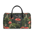 “Whimsical mushroom forest duffel bag and matching suitcase with red toadstools, woodland fairies and botanical details in an airport travel setting.