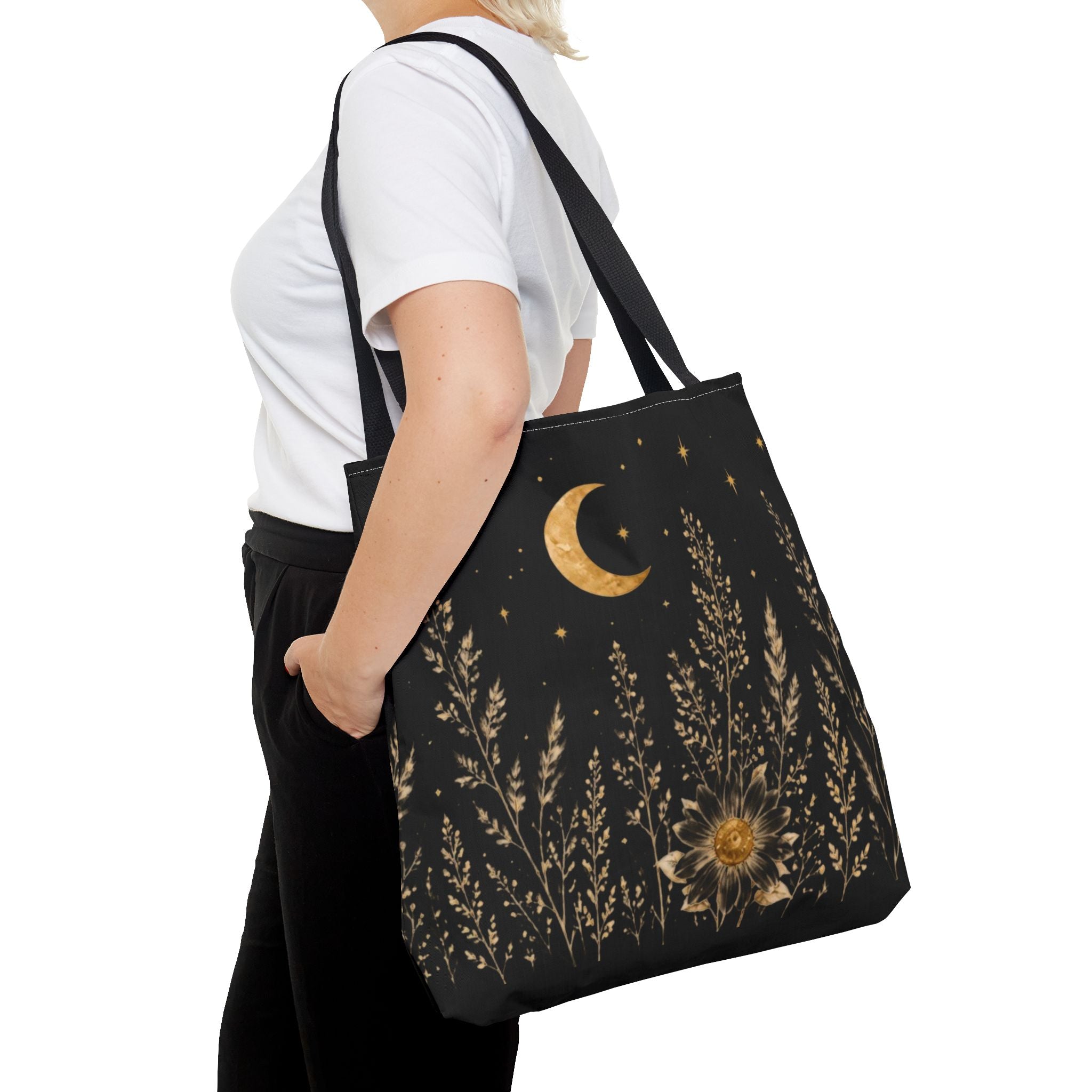 Celestial Wildflower Moon Tote Bag | Boho Botanical Canvas Shoulder Bag