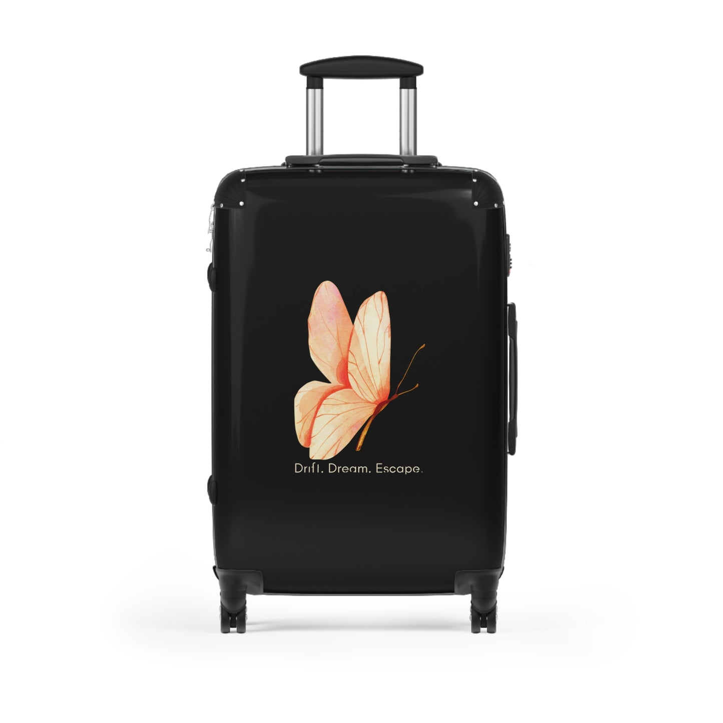 Drift. Dream. Escape. Butterfly Suitcase – Minimalist Black Luggage | Stardust Cove Travel Collection