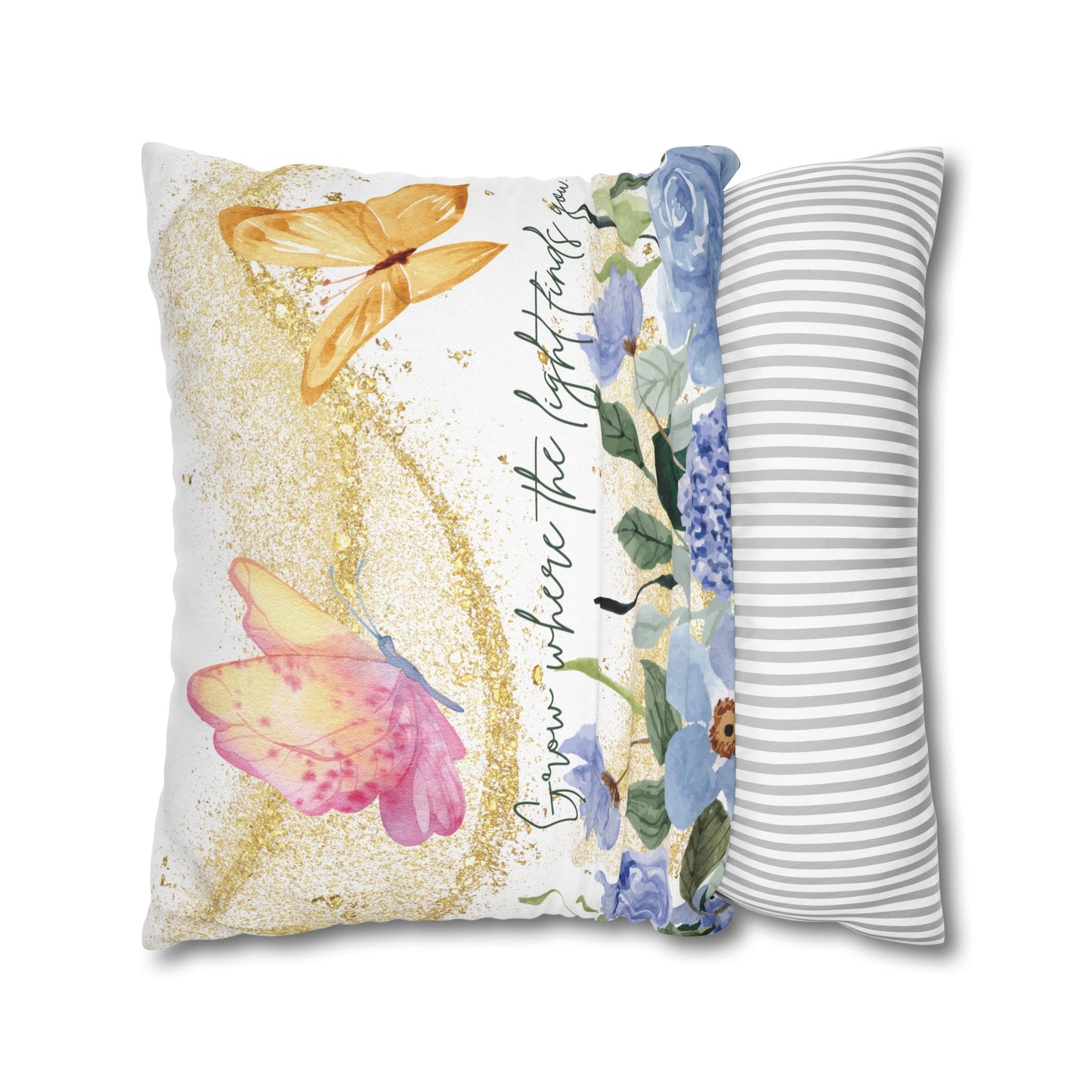 Butterfly & Floral Quote Pillow – “Grow Where the Light Finds You” Watercolor Cushion