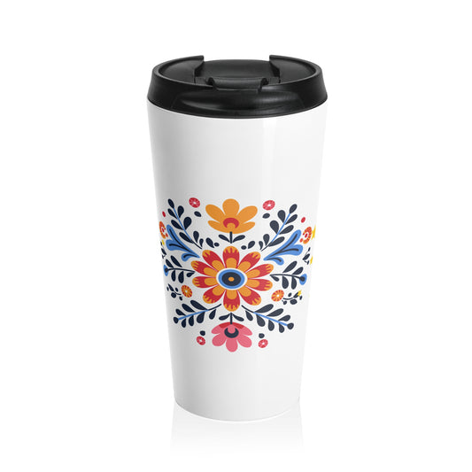Celestial Bloom Travel Mug – Folk Floral Stainless Steel Tumbler