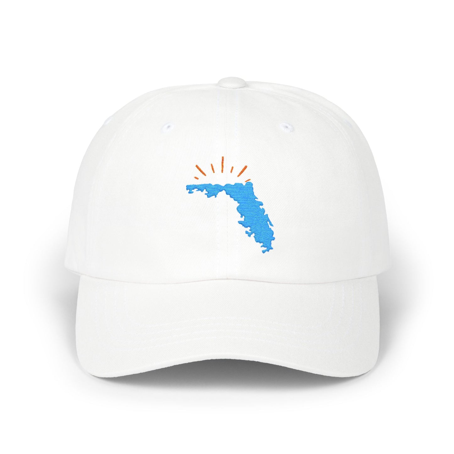 White dad hat with blue Florida state outline and orange sun rays embroidered on the front — casual beach hat and Florida gift accessory.