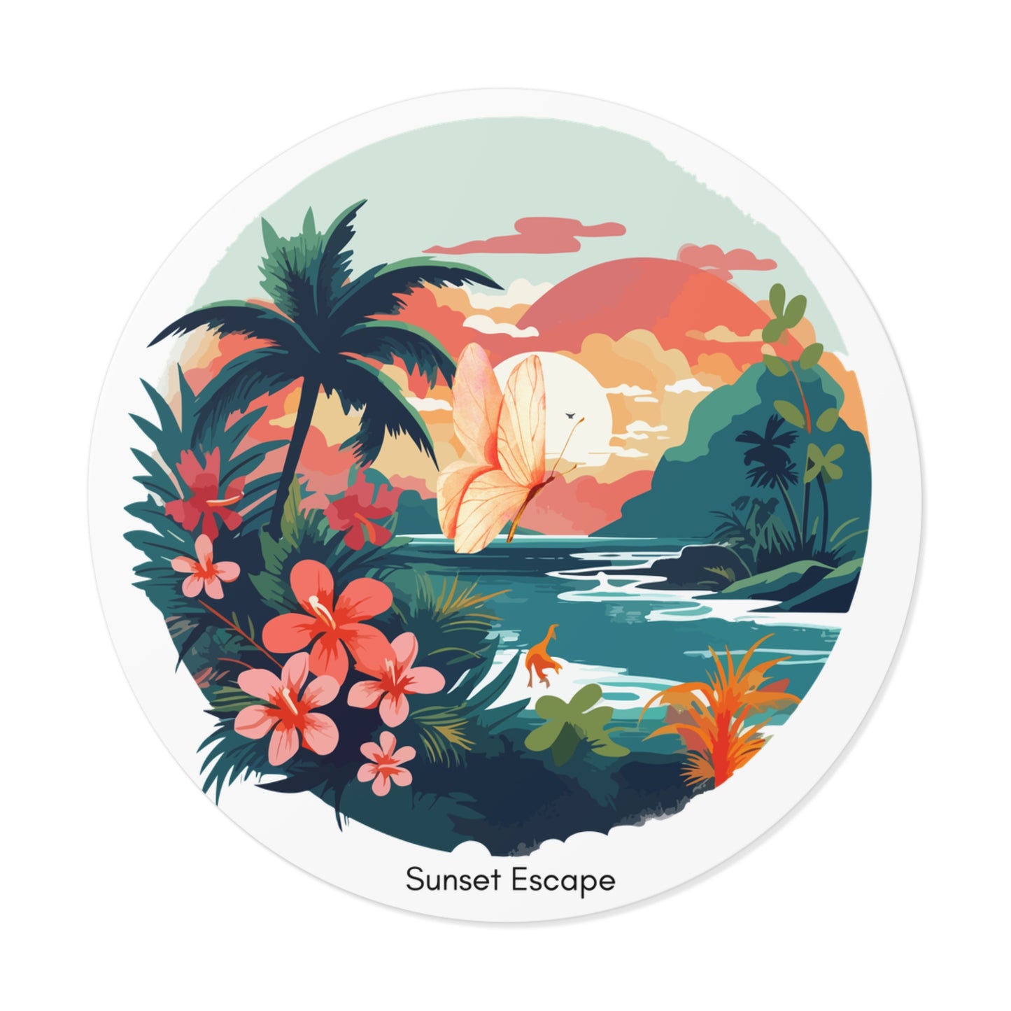 Sunset Escape Tropical Round Vinyl Sticker – Coastal Butterfly Beach Scene | Stardust Cove Aesthetic