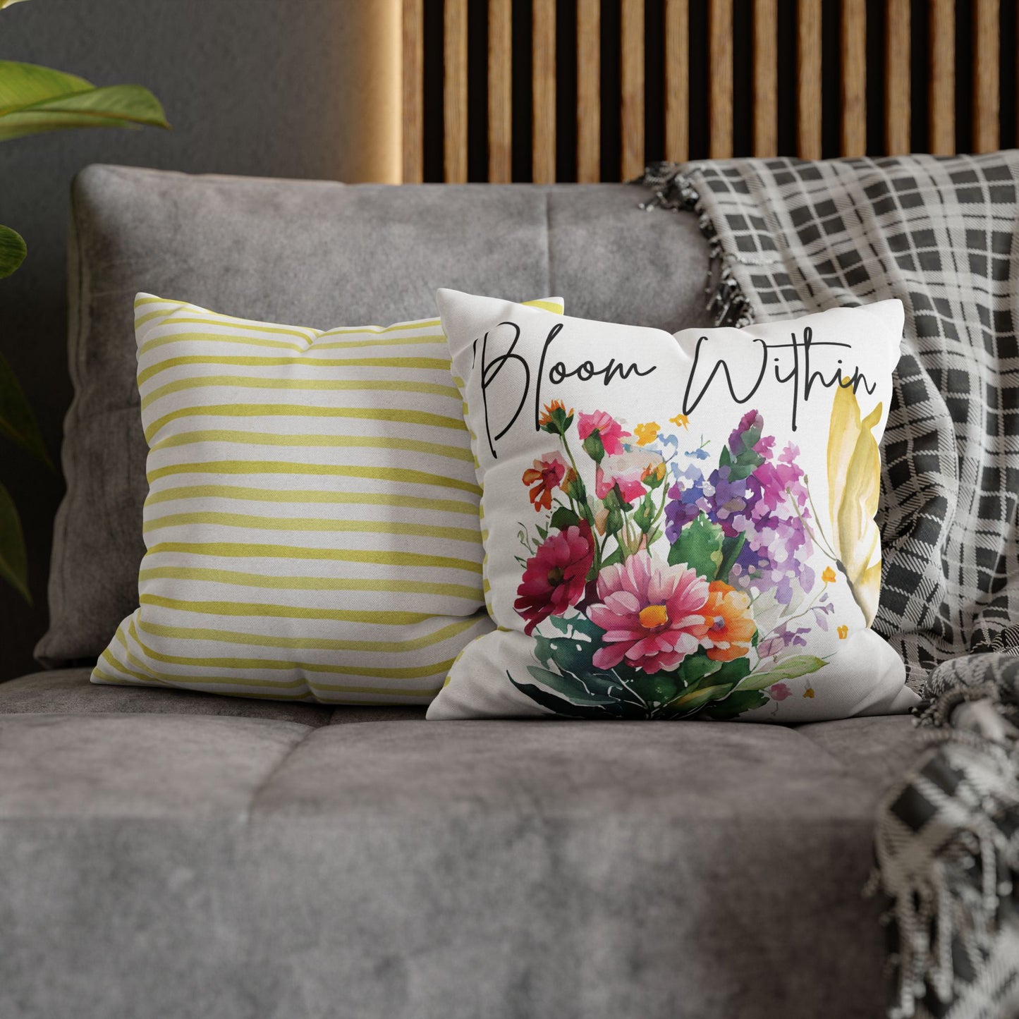 Bloom Within Throw Pillow – Inspirational Floral Butterfly Pillowcase – Watercolor Quote Cushion Cover