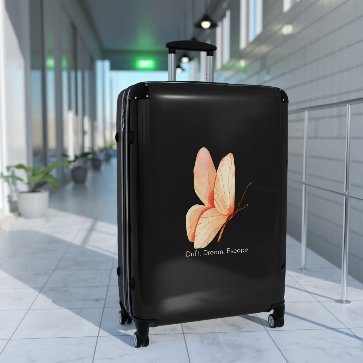 Drift. Dream. Escape. Butterfly Suitcase – Minimalist Black Luggage | Stardust Cove Travel Collection