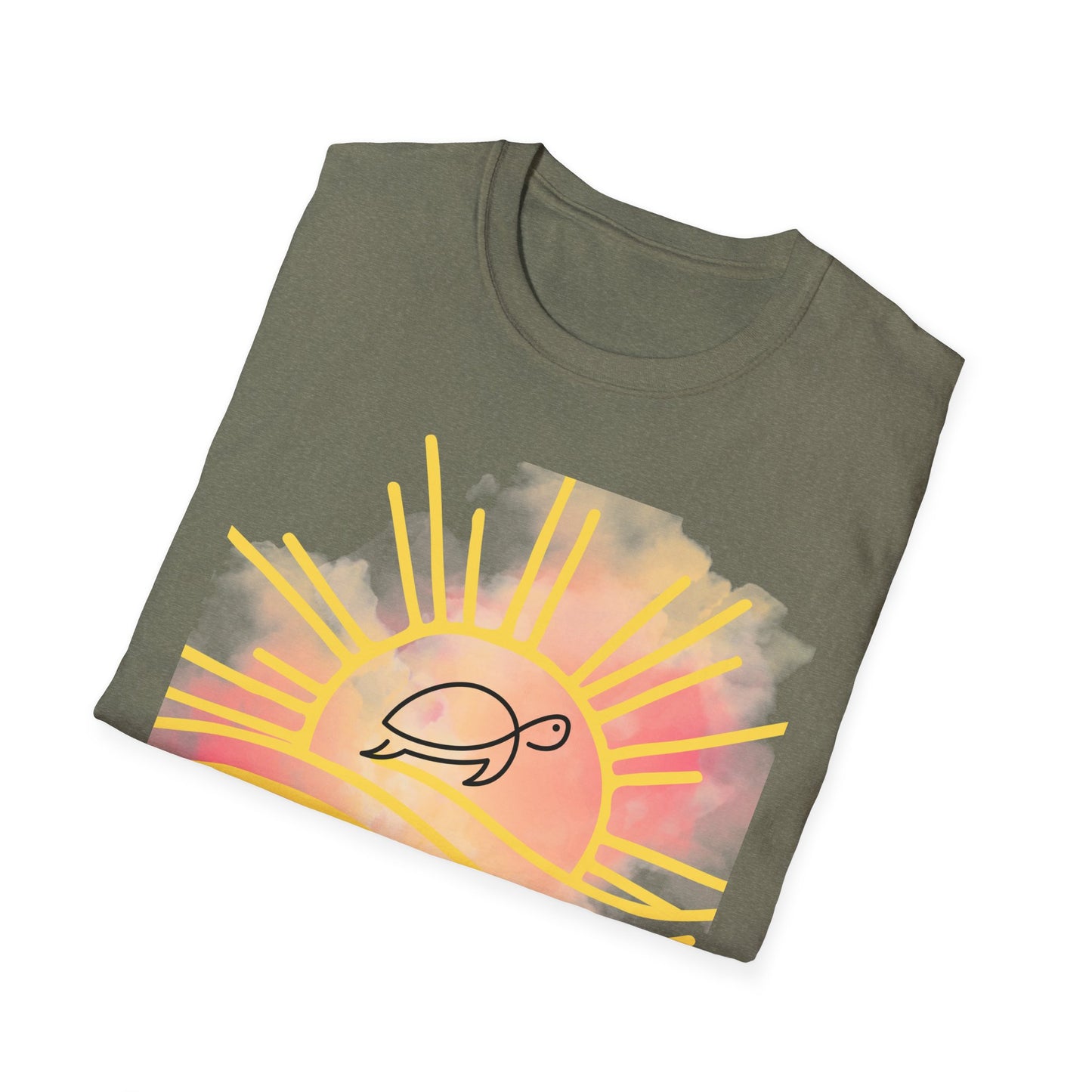 Sun High Soul Soft T-Shirt – Watercolor Sunrise & Turtle Tee | Uplifting Coastal Shirt