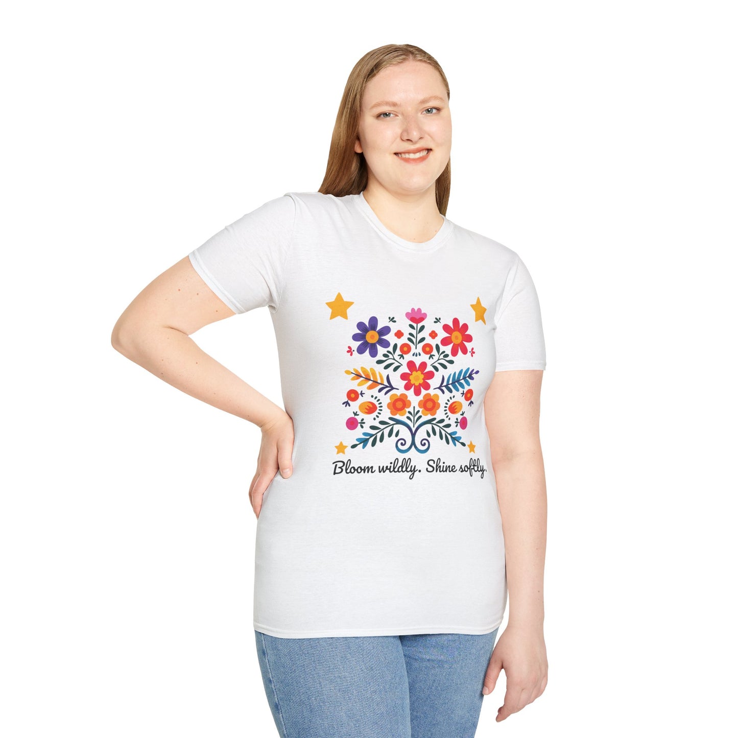 Bloom Wildly Shine Softly T-Shirt – Floral Folk Art Tee | Inspirational Quote Shirt | Stardust Cove