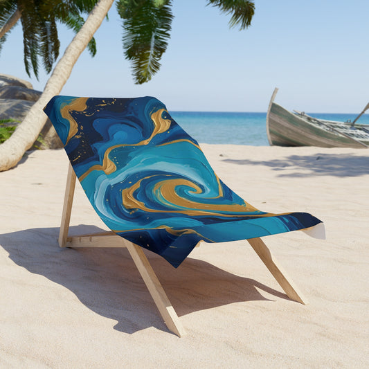 Tide Dreams Beach Towel – Celestial Ocean Swirl Print, Blue and Gold Abstract Pool Towel, Stardust Cove Summer Collection