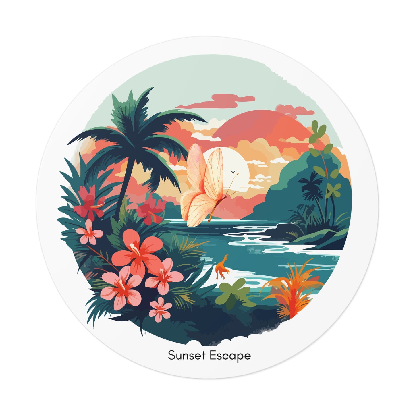 Sunset Escape Tropical Round Vinyl Sticker – Coastal Butterfly Beach Scene | Stardust Cove Aesthetic