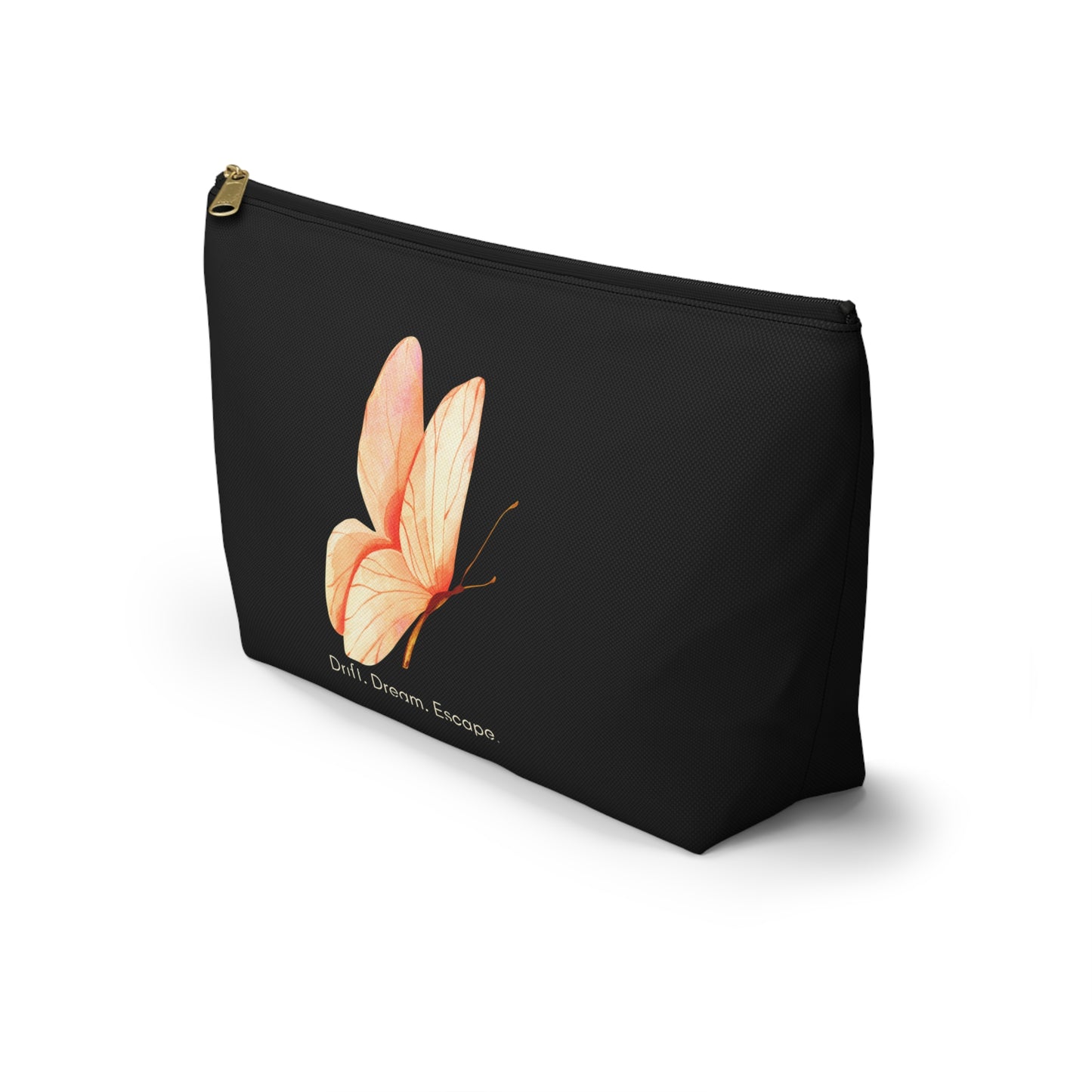 Drift. Dream. Escape. Black Butterfly Pouch – Travel Makeup Bag or Journal Accessory Case | Stardust Cove