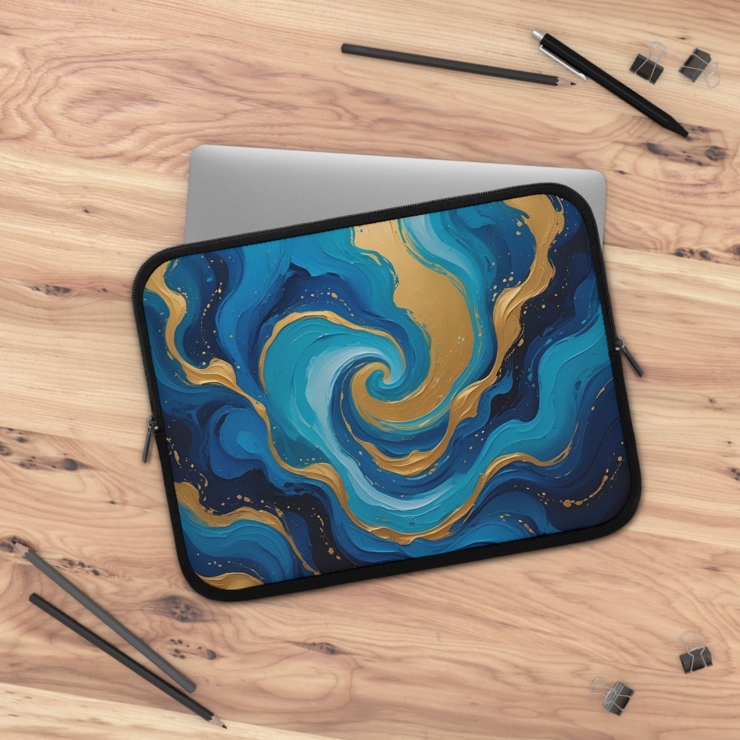 Tide Dreams Laptop Sleeve – Blue Gold Abstract Tech Cover