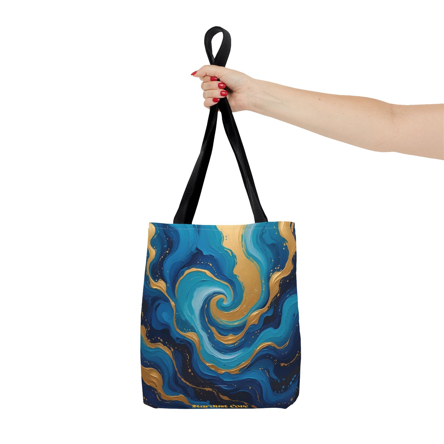 Celestial Swirl Tote Bag – Gold and Blue Abstract Ocean Print, Beach Bag, Stardust Cove Summer Collection
