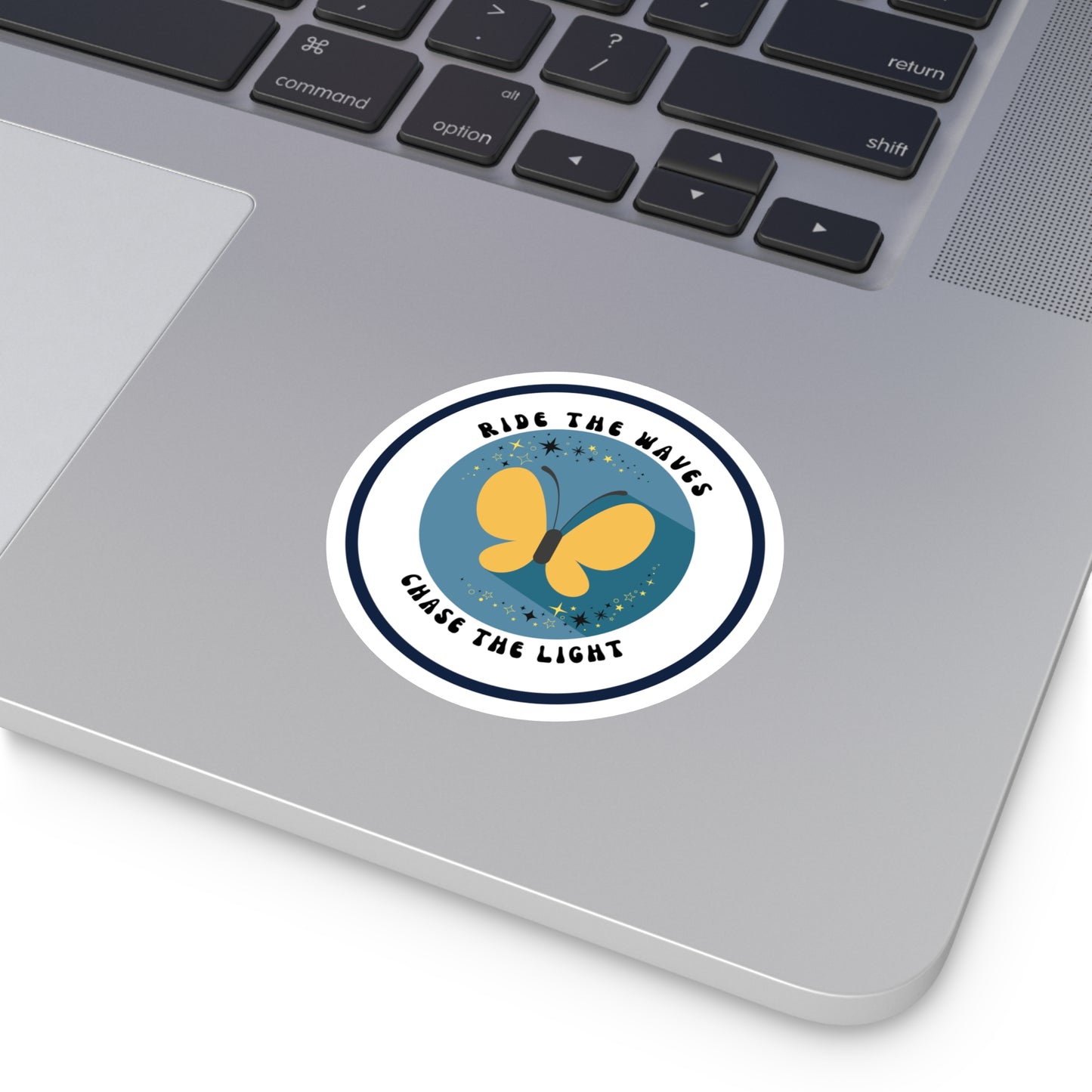 Ride the Waves, Chase the Light Sticker – Round Vinyl Ocean Butterfly Decal for Laptop, Journal & Water Bottle