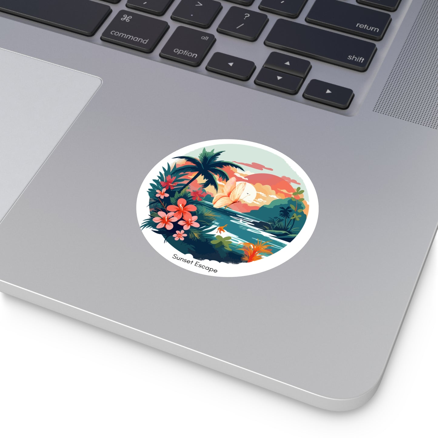 Sunset Escape Tropical Round Vinyl Sticker – Coastal Butterfly Beach Scene | Stardust Cove Aesthetic