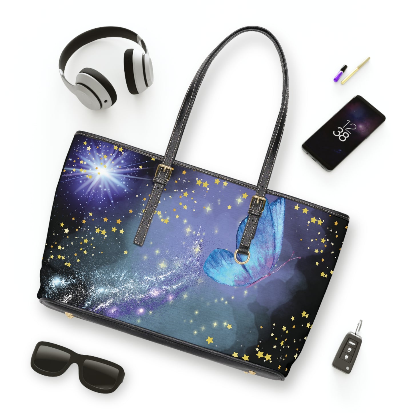 Celestial Butterfly PU Leather Shoulder Bag - Stylish Tote for Cosmic Lovers