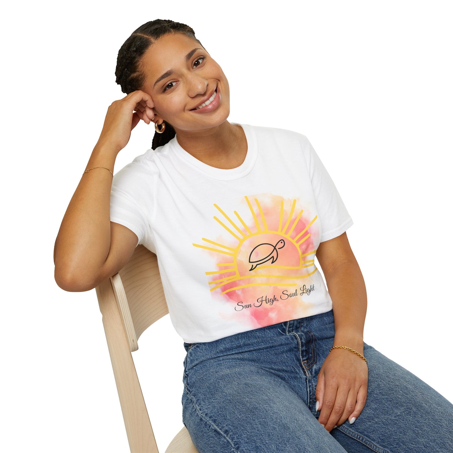 Sun High Soul Soft T-Shirt – Watercolor Sunrise & Turtle Tee | Uplifting Coastal Shirt