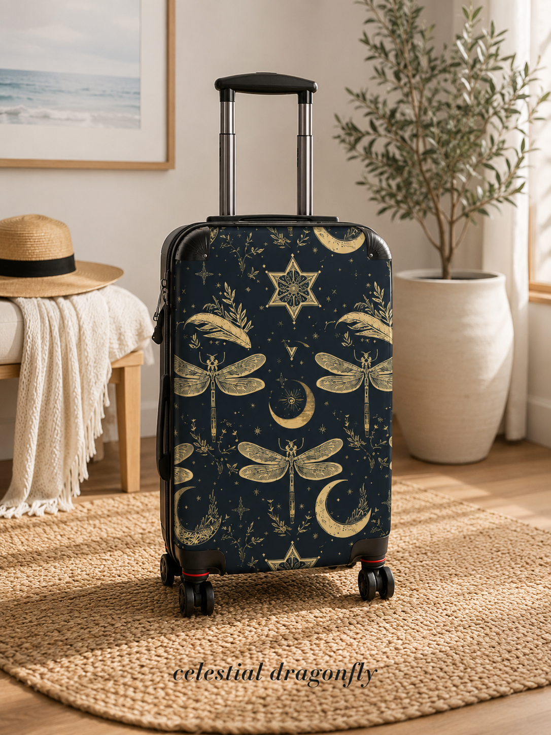 Celestial Dragonfly Moon Suitcase | Stardust Cove Travel Luggage | Starry Night Carry On