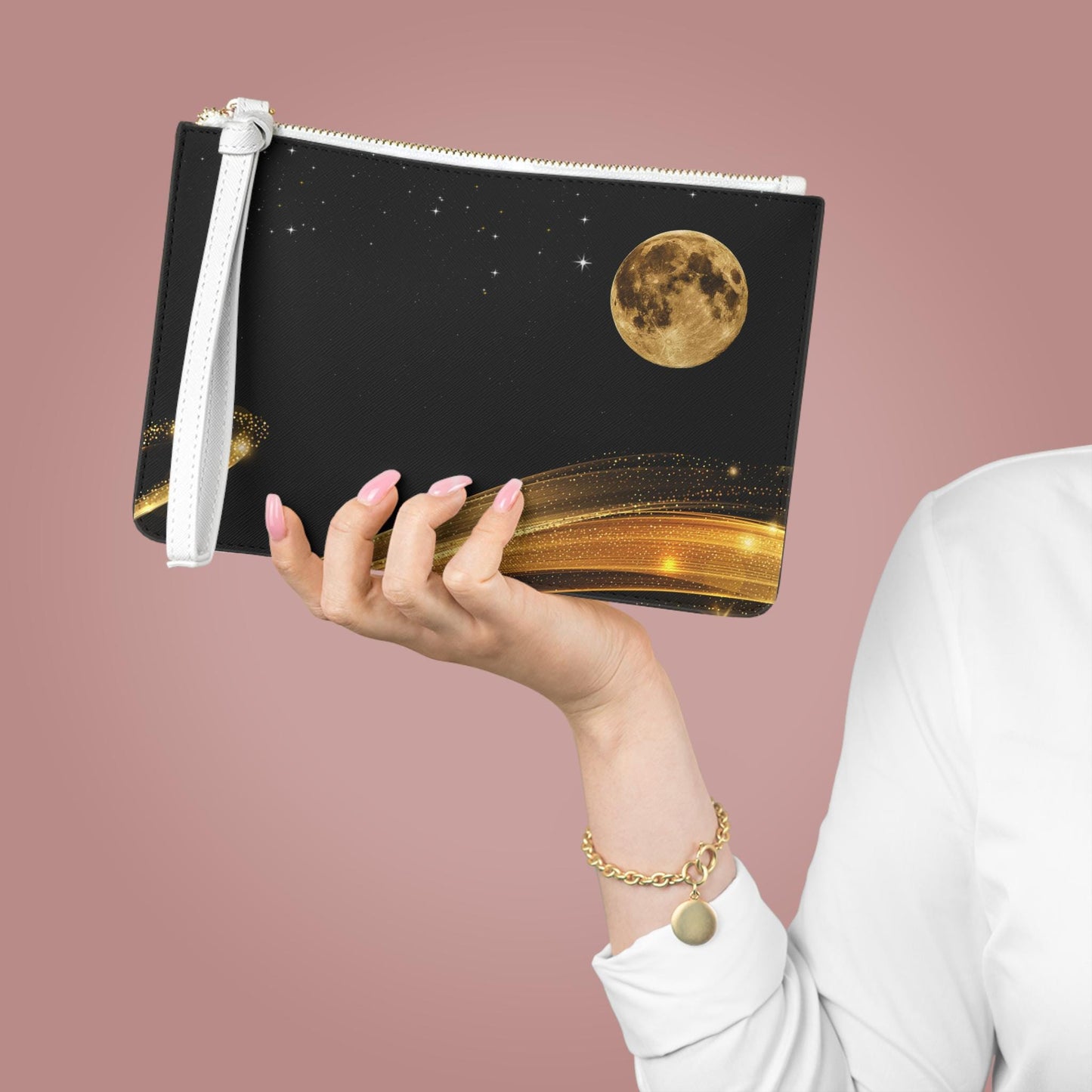 Moonlit Glam Clutch Bag, Evening Pouch for Night Out, Gift for Her, Celestial Accessory for Parties, Golden and Black Design