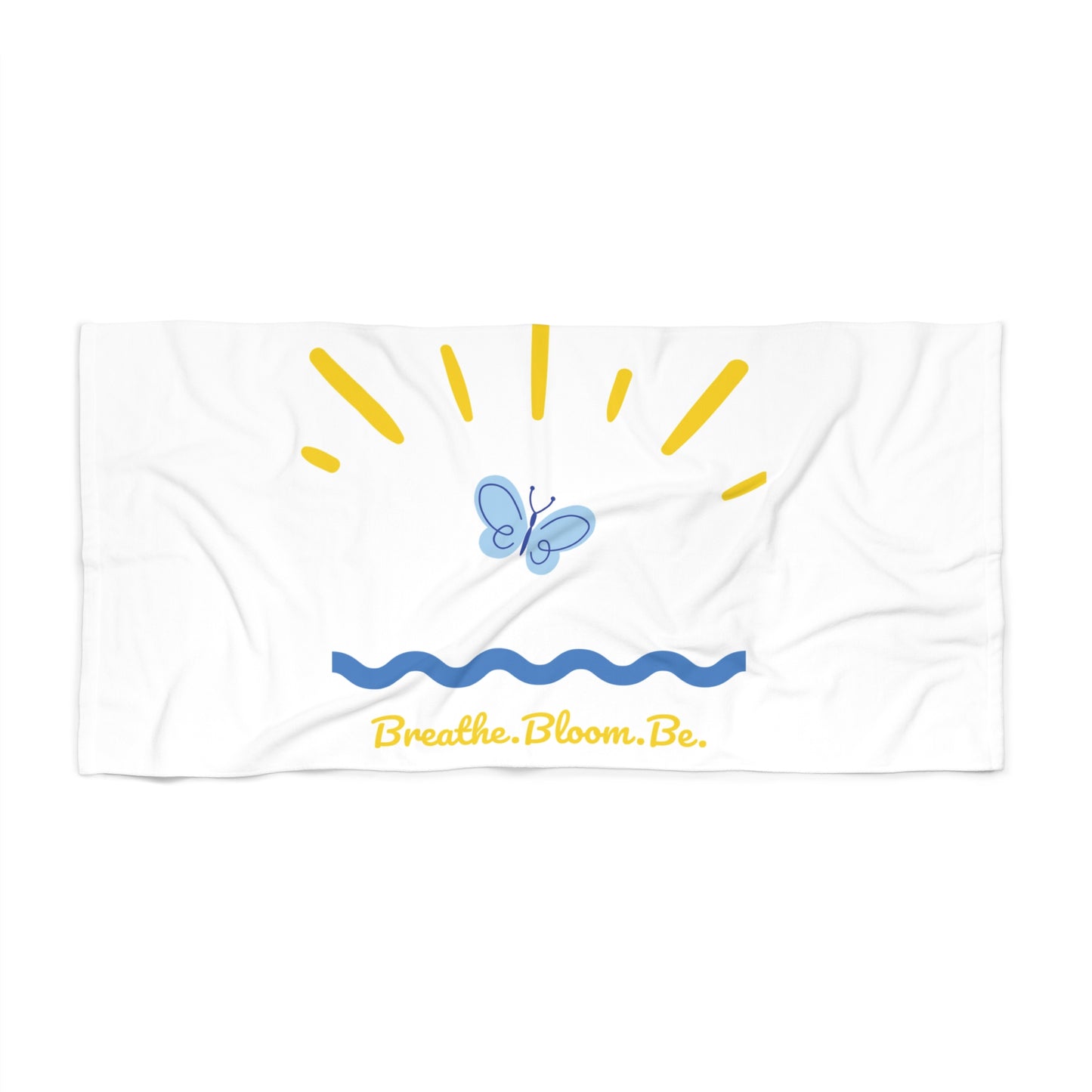 Breathe. Bloom. Be. Beach Towel – Butterfly, Sun & Wave Design – Mindful Coastal Summer Towel