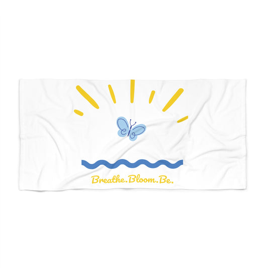 Breathe. Bloom. Be. Beach Towel – Butterfly, Sun & Wave Design – Mindful Coastal Summer Towel