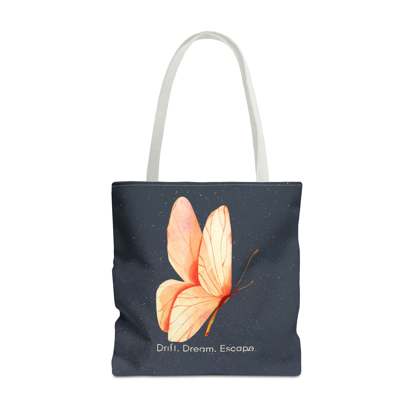 Drift. Dream. Escape. Celestial Butterfly Tote Bag – Starry Sky Quote Tote | Stardust Cove