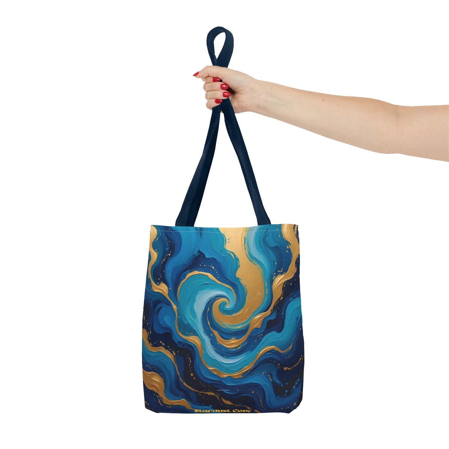 Celestial Swirl Tote Bag – Gold and Blue Abstract Ocean Print, Beach Bag, Stardust Cove Summer Collection