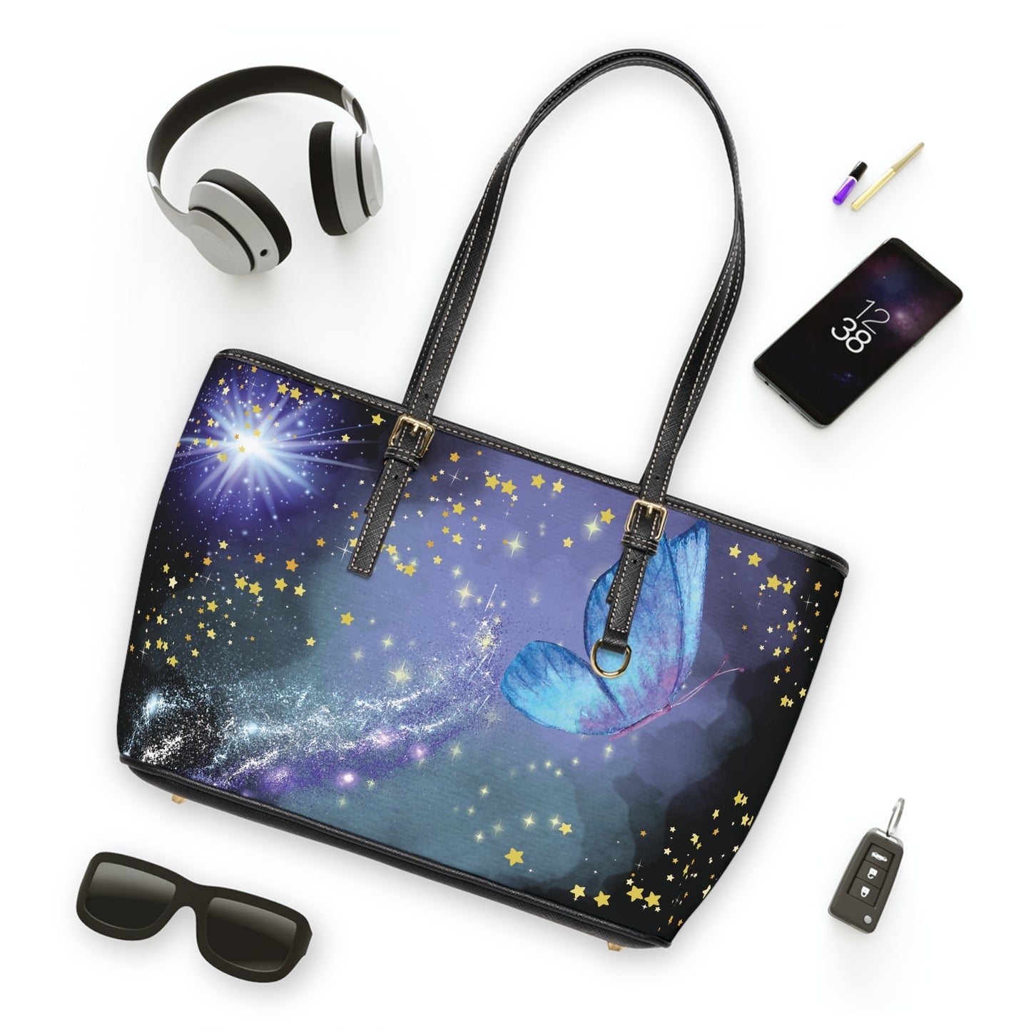 Celestial Butterfly PU Leather Shoulder Bag - Stylish Tote for Cosmic Lovers