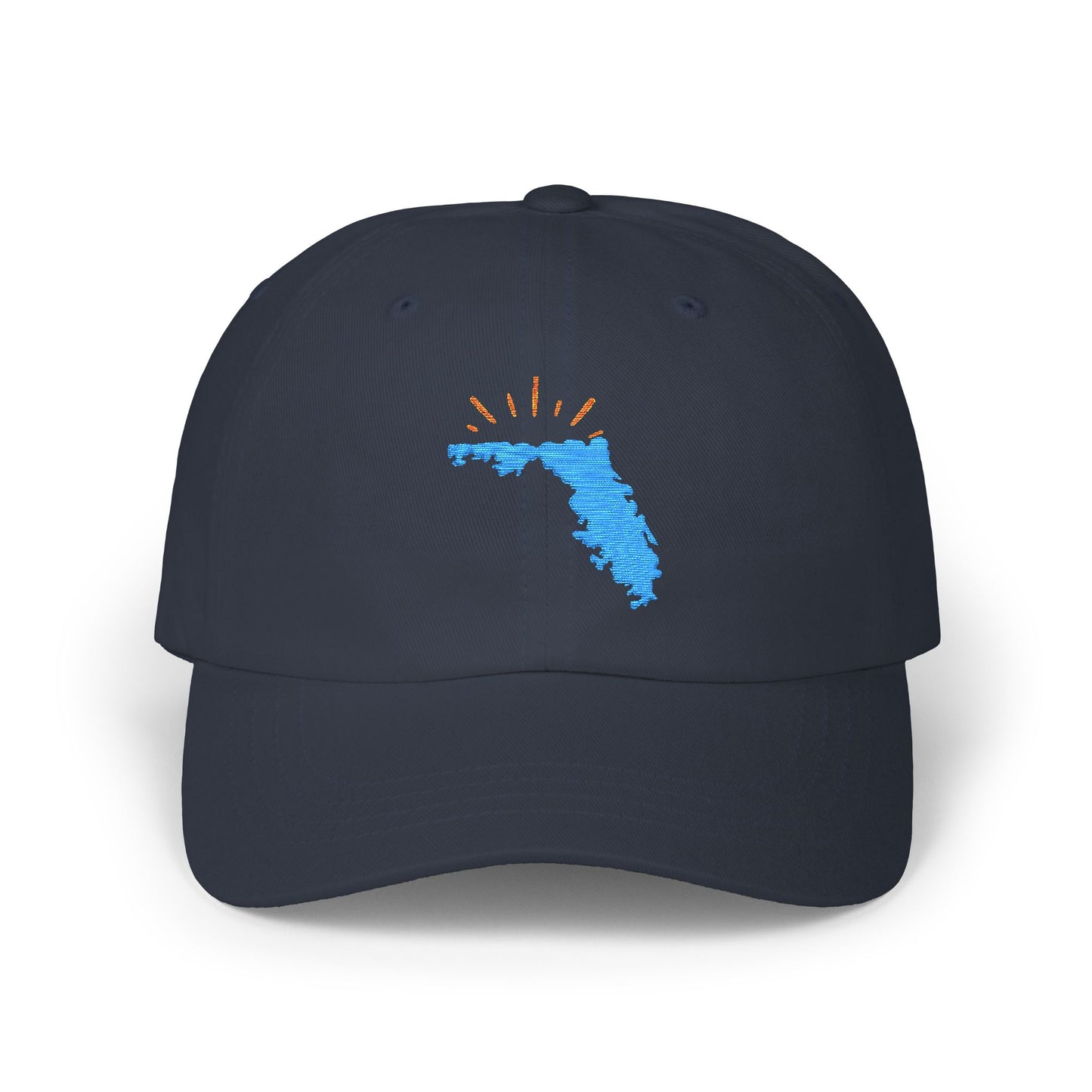 Navy Blue dad hat with blue Florida state outline and orange sun rays embroidered on the front — casual beach hat and Florida gift accessory.
