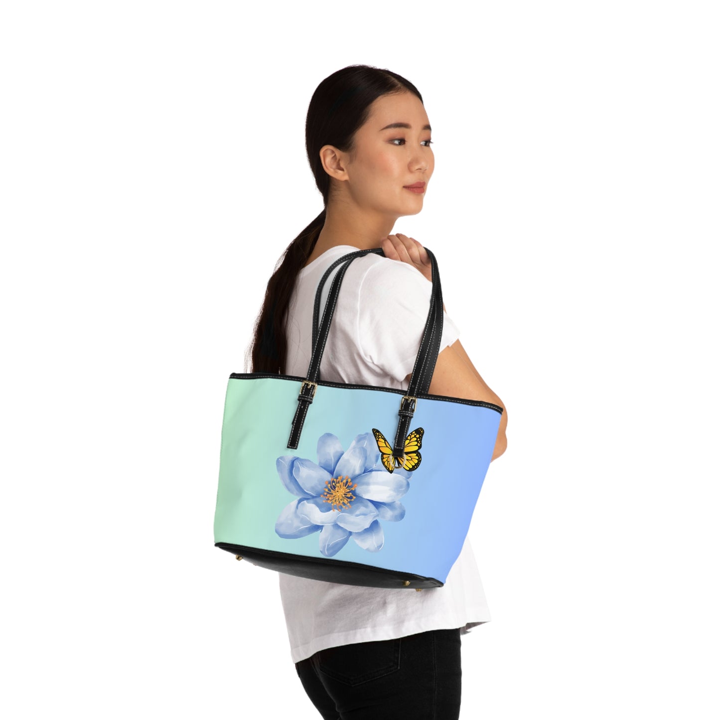Floral Butterfly Leather Shoulder Bag – Blue and Green Ombre Tote – Fresh Chic Handbag