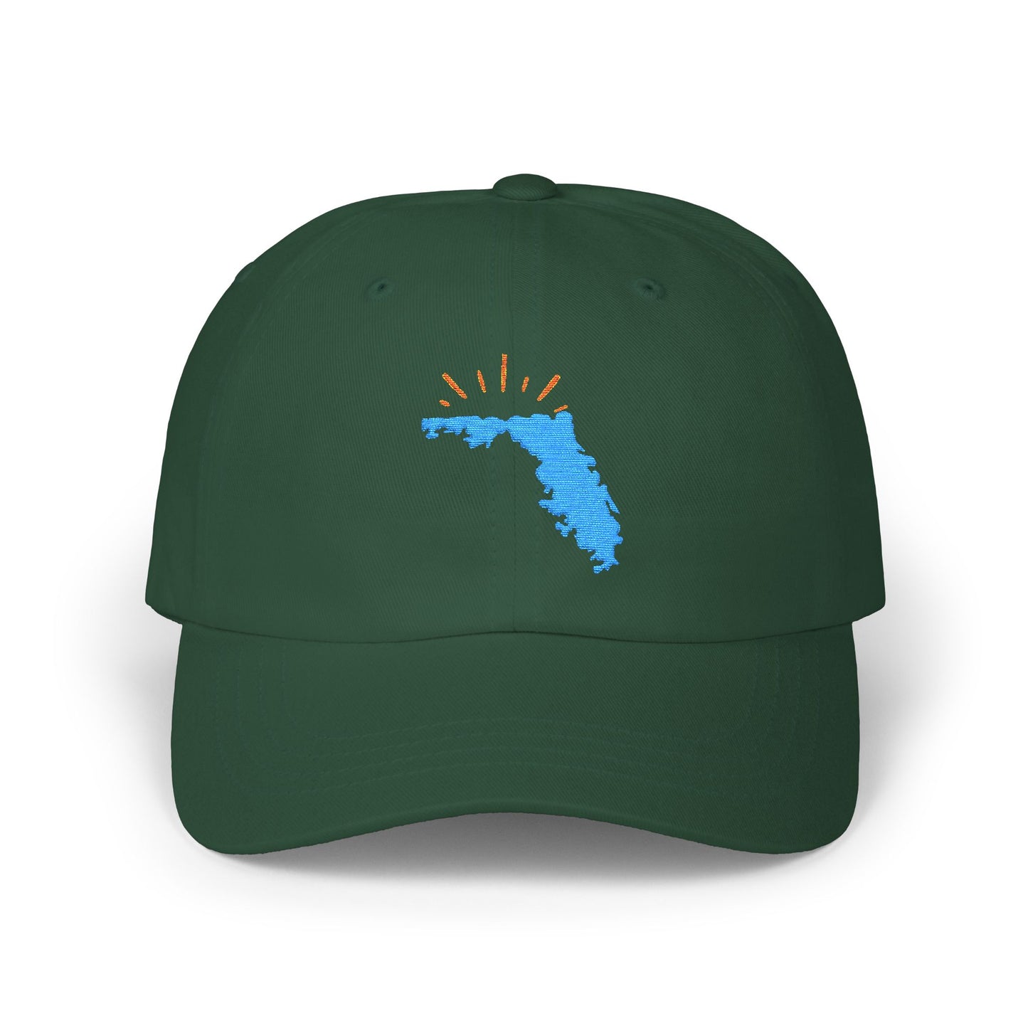 Green dad hat with blue Florida state outline and orange sun rays embroidered on the front — casual beach hat and Florida gift accessory.