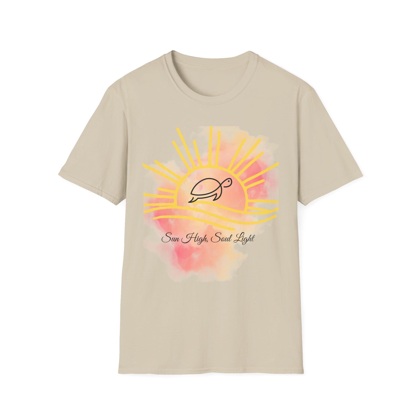 Sun High Soul Soft T-Shirt – Watercolor Sunrise & Turtle Tee | Uplifting Coastal Shirt