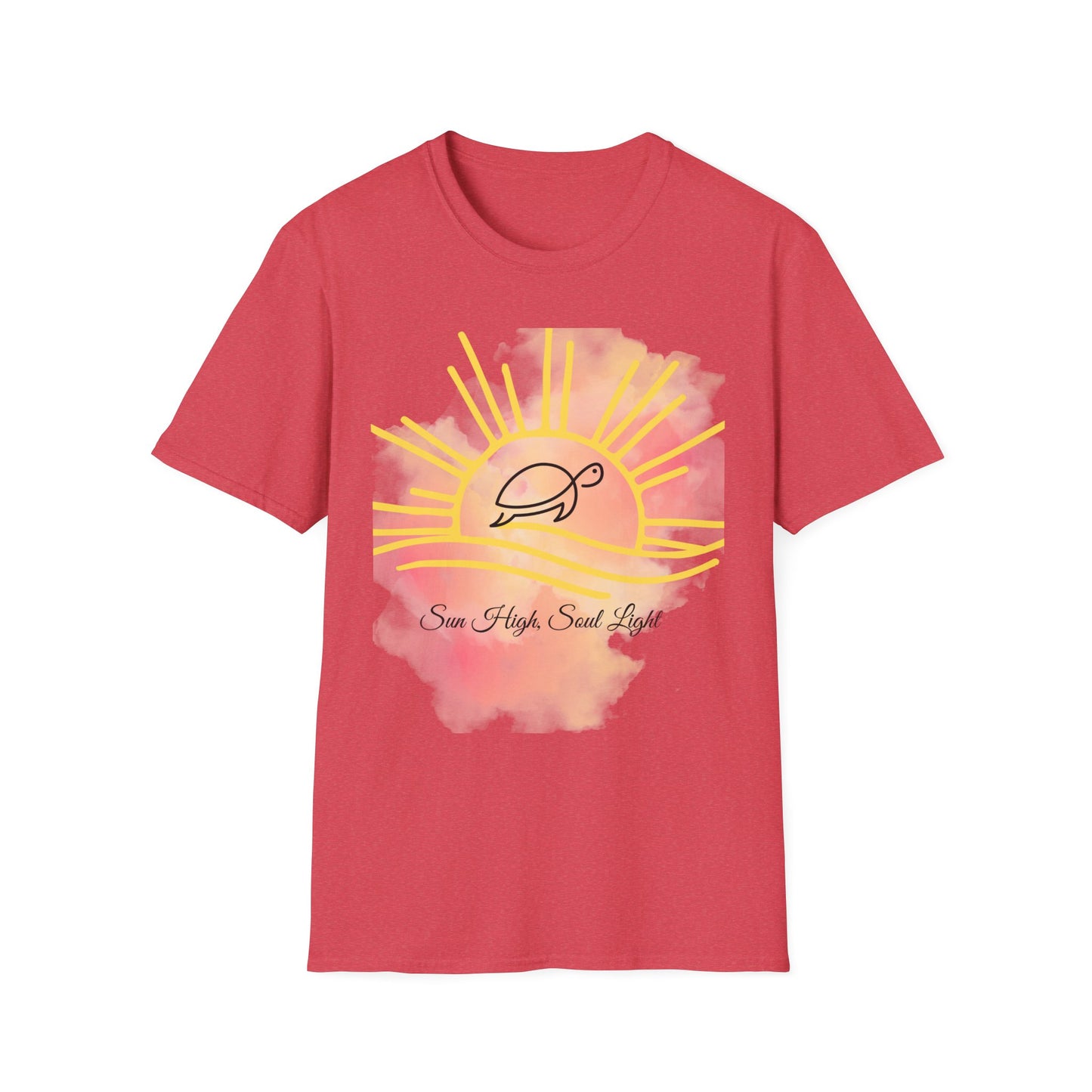 Sun High Soul Soft T-Shirt – Watercolor Sunrise & Turtle Tee | Uplifting Coastal Shirt