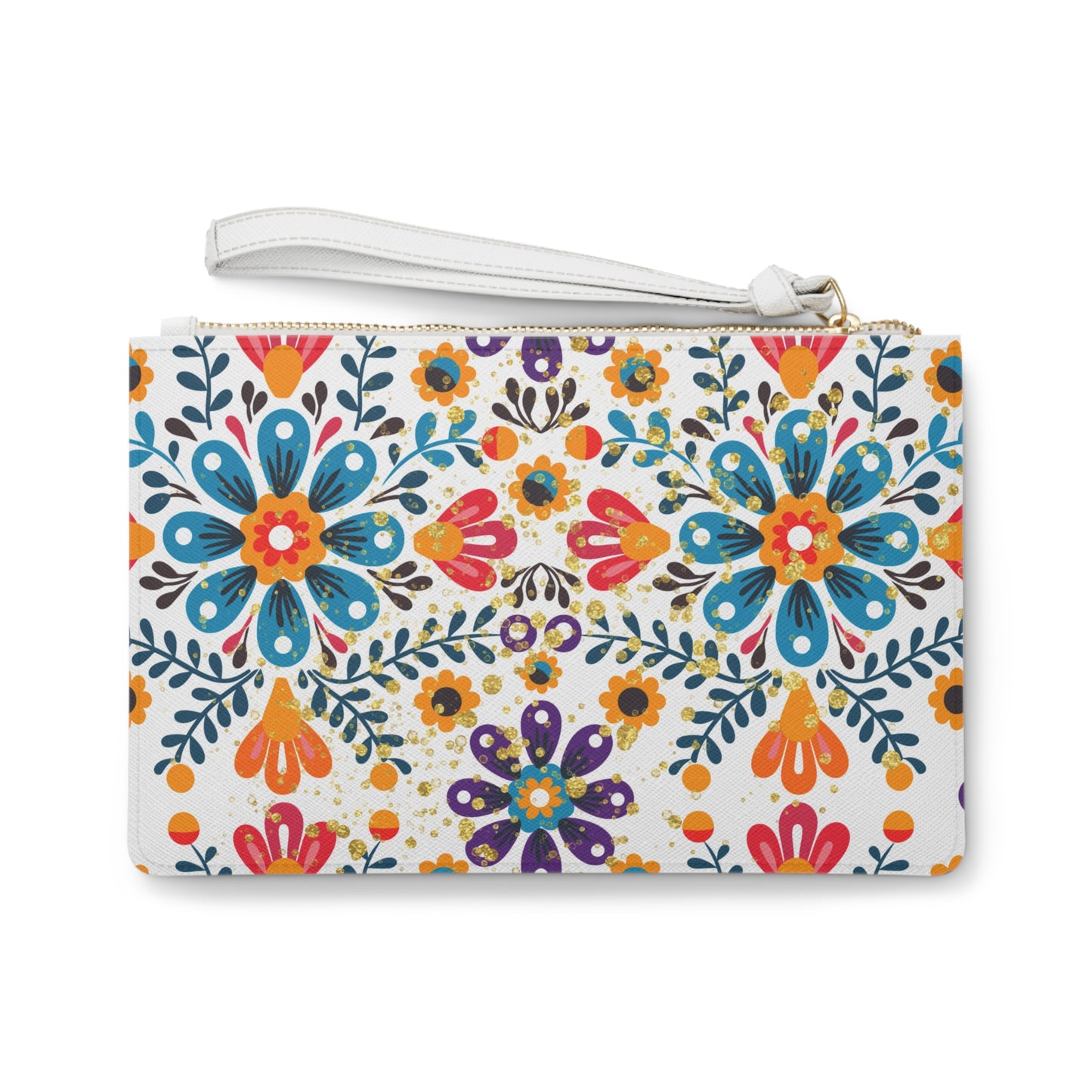 Celestial Bloom Boho Floral Clutch Bag – Folk Art Zipper Pouch with Wristlet | Vibrant Travel Bag by Stardust Cove
