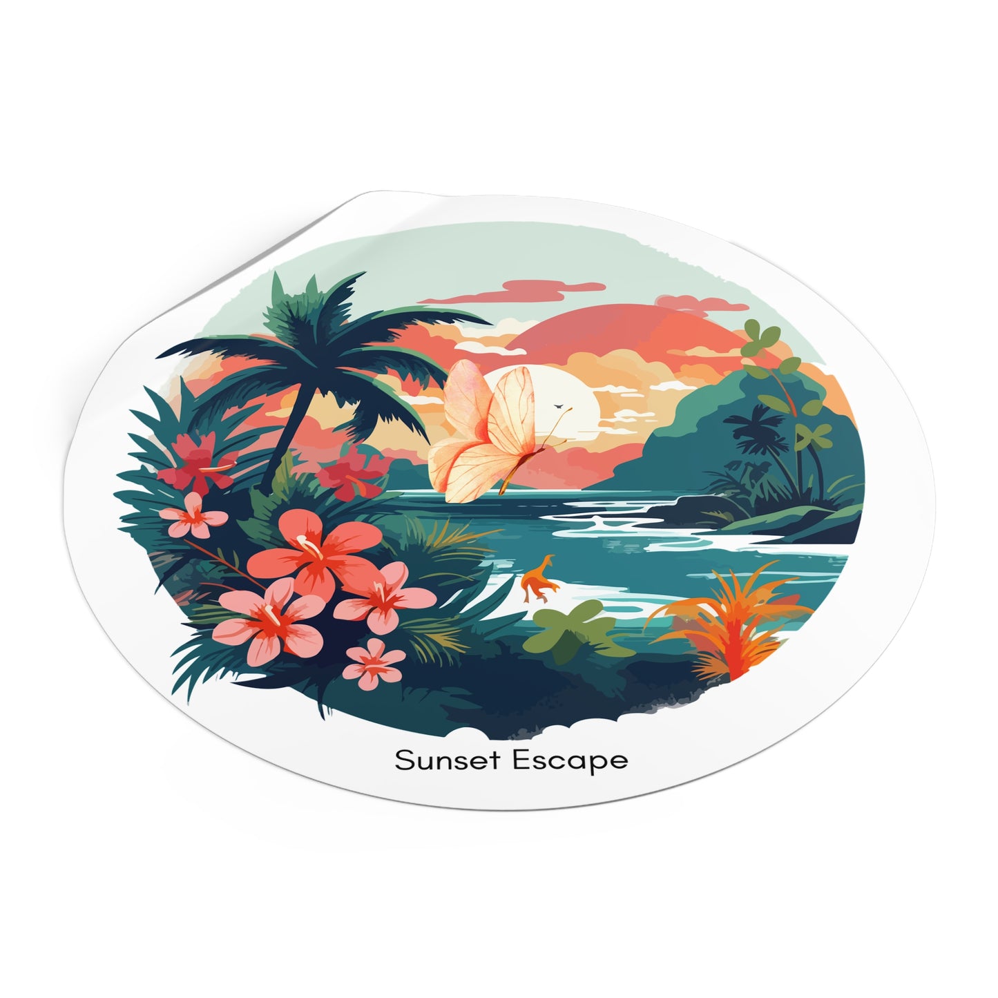 Sunset Escape Tropical Round Vinyl Sticker – Coastal Butterfly Beach Scene | Stardust Cove Aesthetic