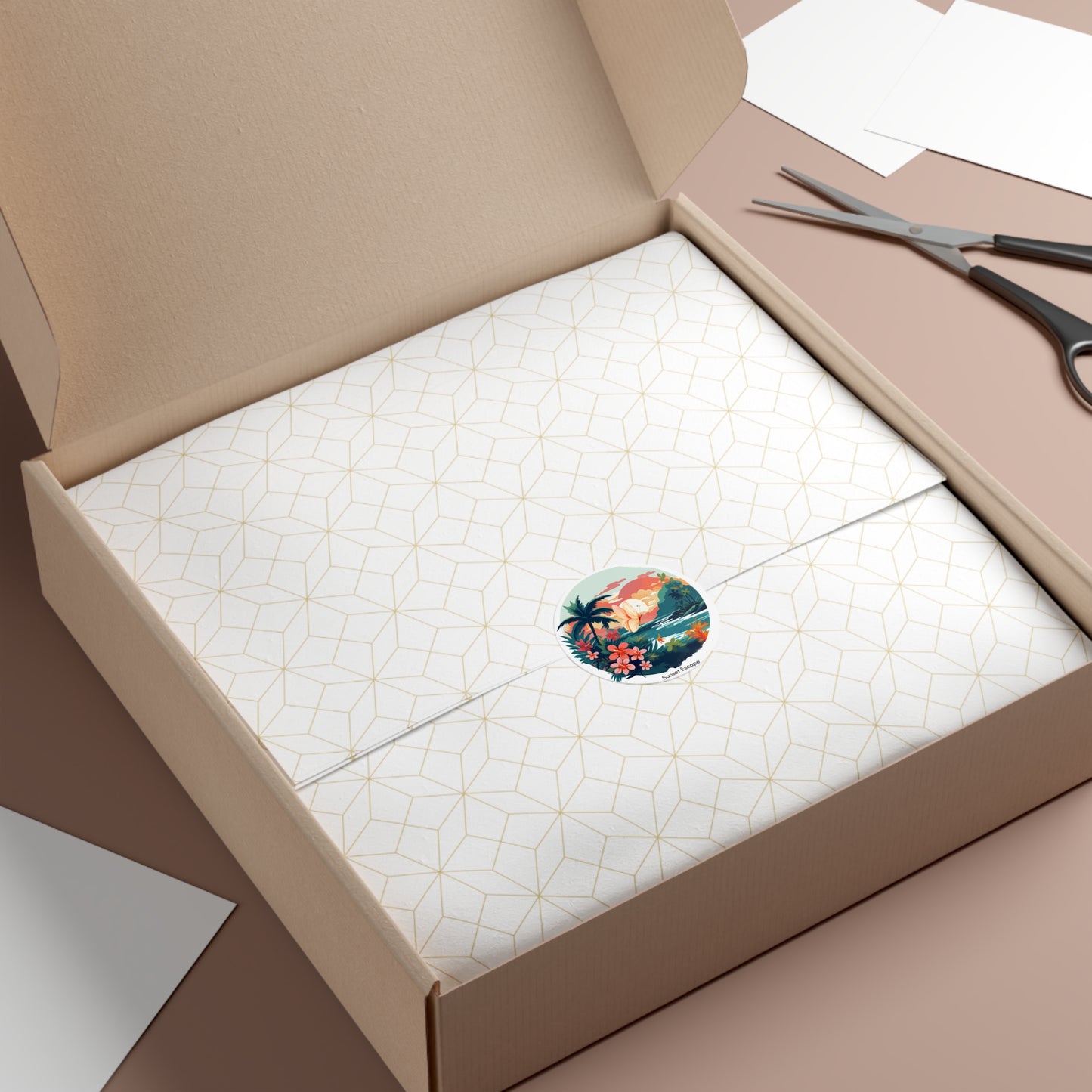 Sunset Escape Tropical Round Vinyl Sticker – Coastal Butterfly Beach Scene | Stardust Cove Aesthetic