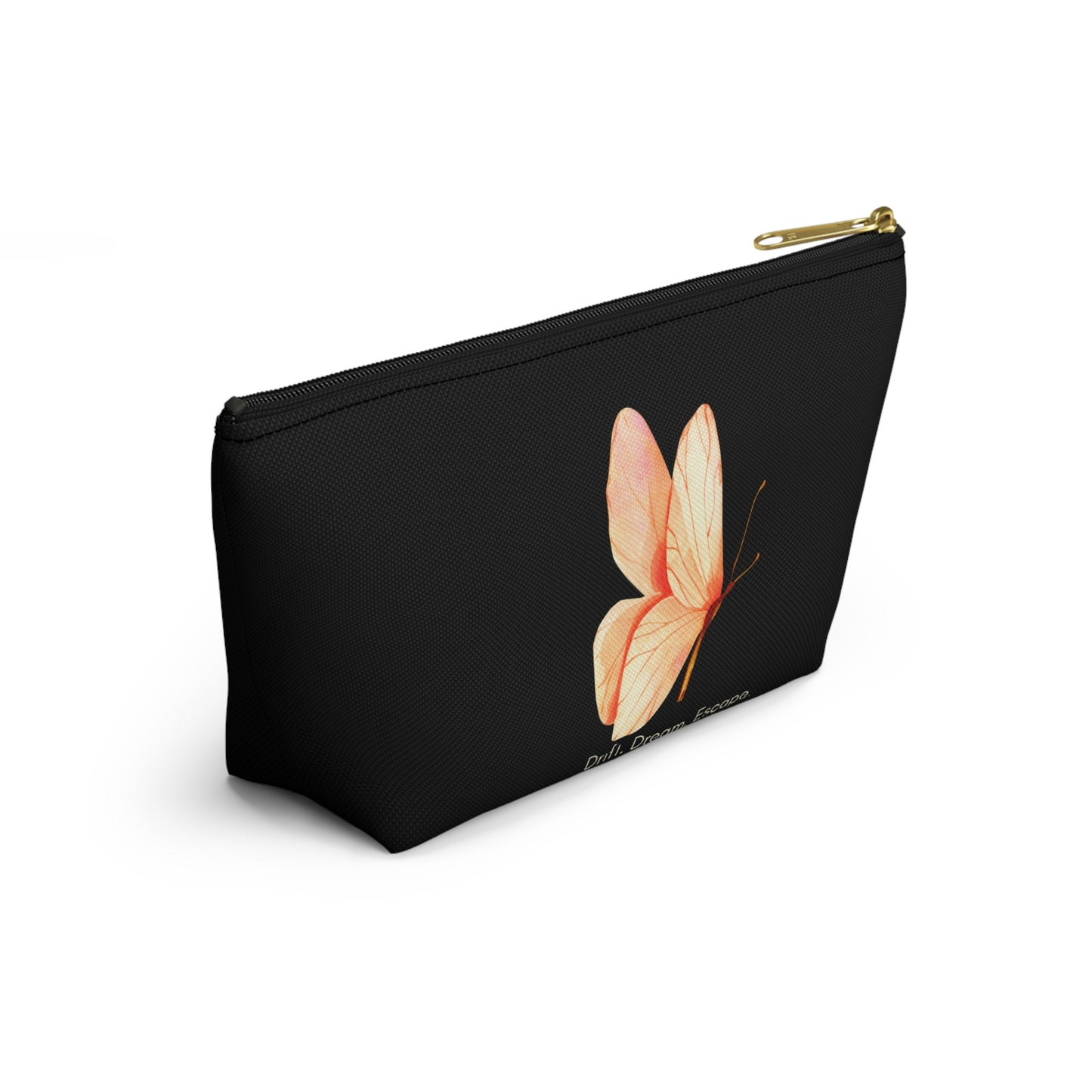 Drift. Dream. Escape. Black Butterfly Pouch – Travel Makeup Bag or Journal Accessory Case | Stardust Cove