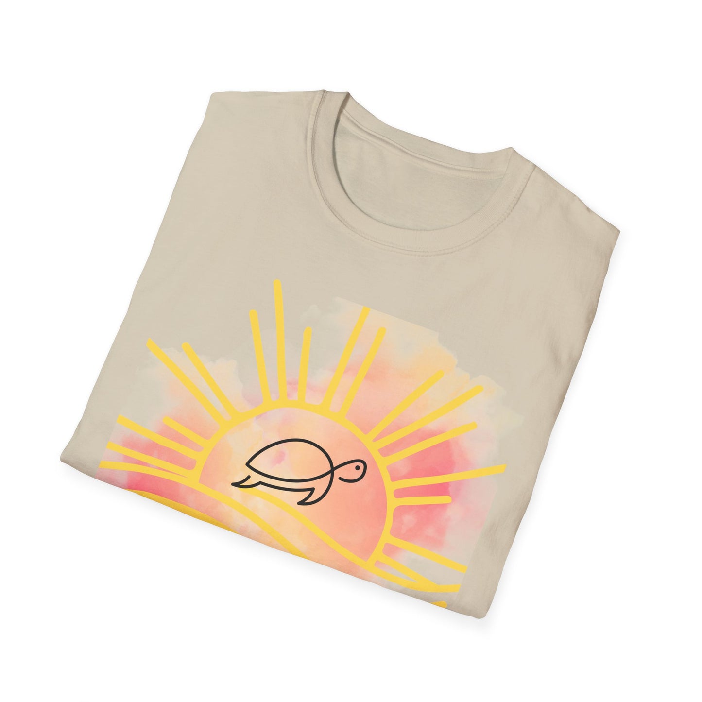 Sun High Soul Soft T-Shirt – Watercolor Sunrise & Turtle Tee | Uplifting Coastal Shirt
