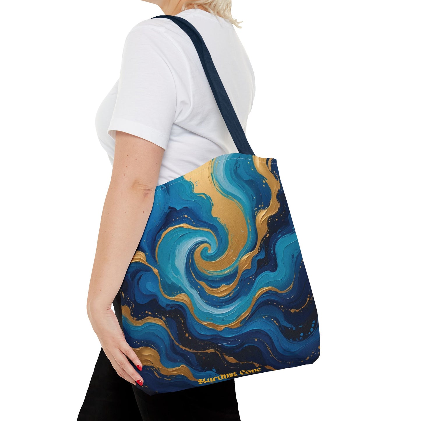 Celestial Swirl Tote Bag – Gold and Blue Abstract Ocean Print, Beach Bag, Stardust Cove Summer Collection