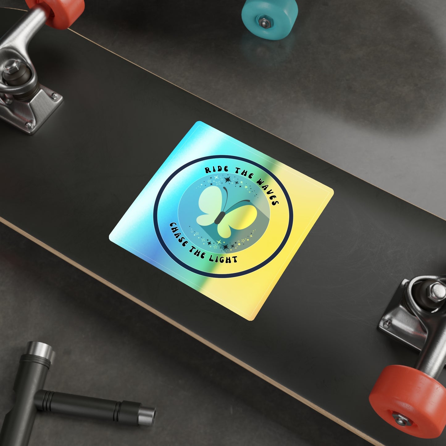 Holographic “Ride the Waves, Chase the Light” Butterfly Sticker – Motivational Decal for Laptop, Water Bottle & Journals