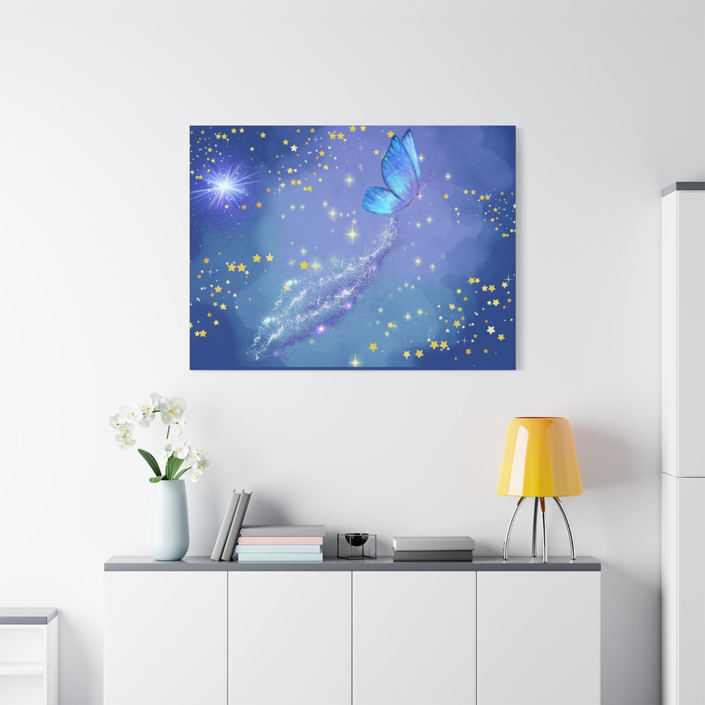 Celestial Butterfly Canvas Wall Art – Galaxy-Inspired Matte Print with Stars and Cosmic Trail