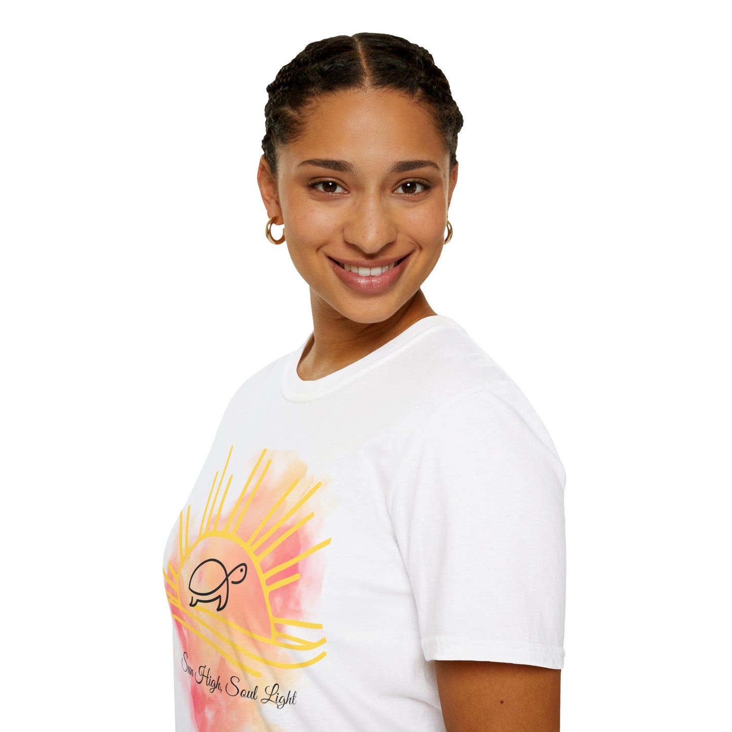 Sun High Soul Soft T-Shirt – Watercolor Sunrise & Turtle Tee | Uplifting Coastal Shirt
