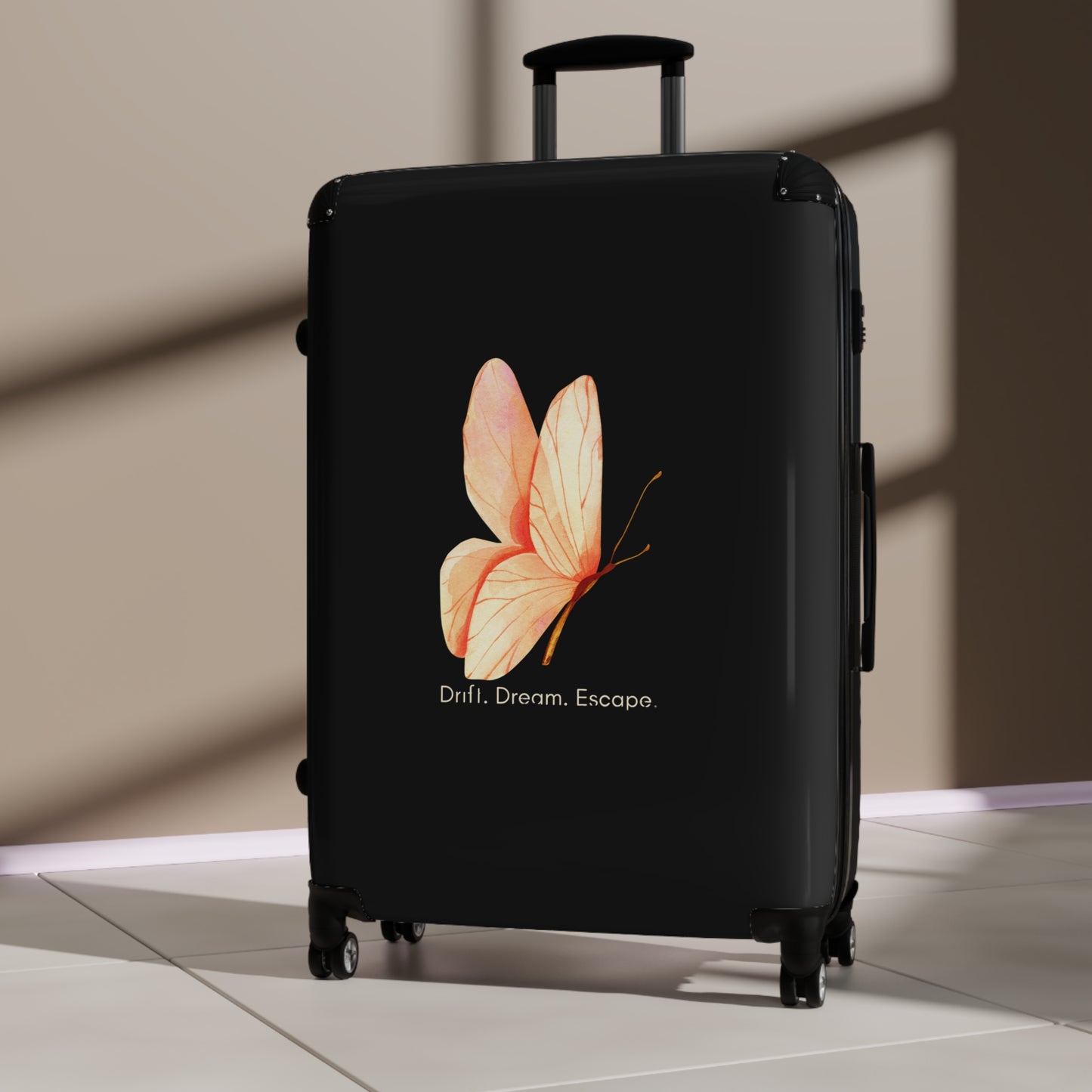 Drift. Dream. Escape. Butterfly Suitcase – Minimalist Black Luggage | Stardust Cove Travel Collection