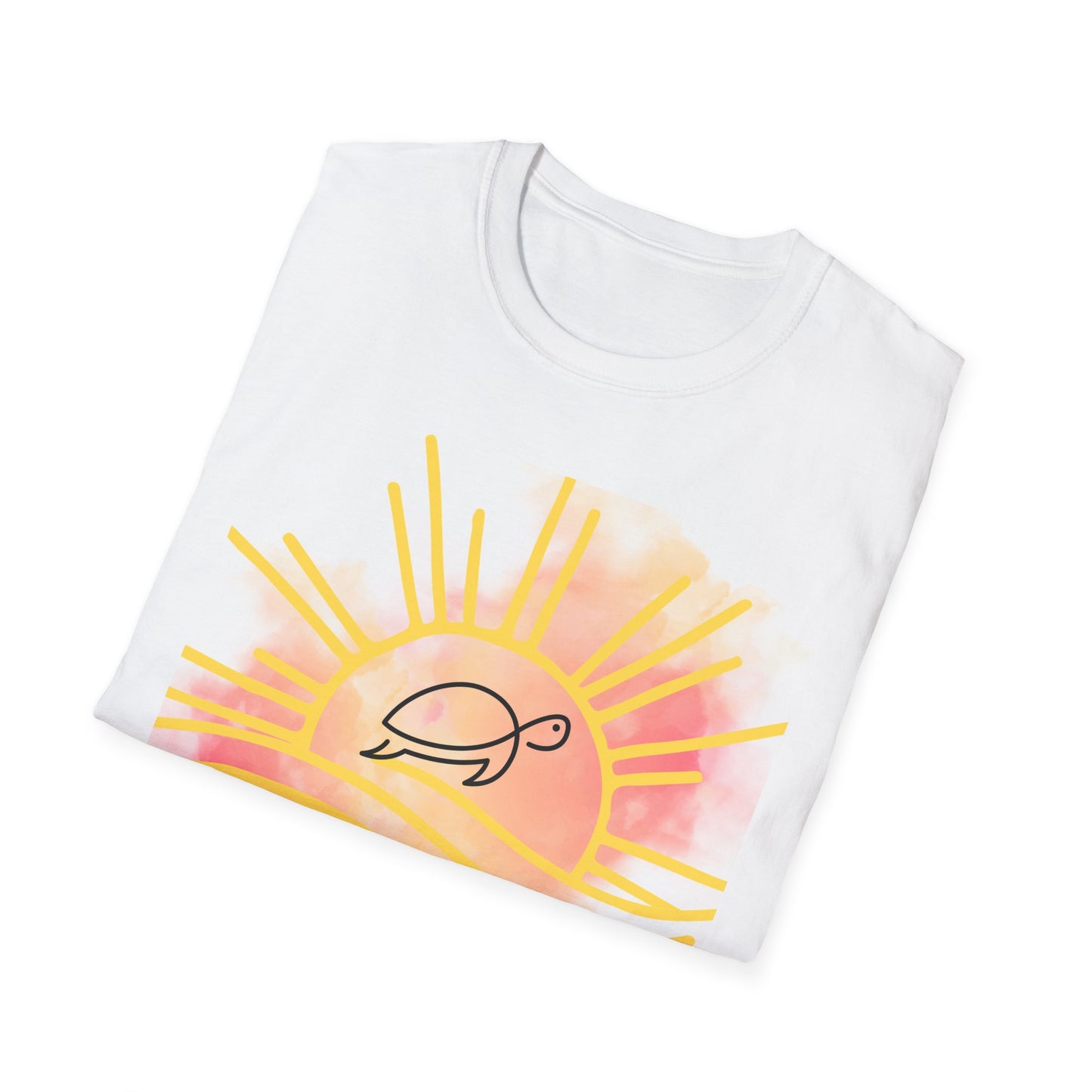 Sun High Soul Soft T-Shirt – Watercolor Sunrise & Turtle Tee | Uplifting Coastal Shirt
