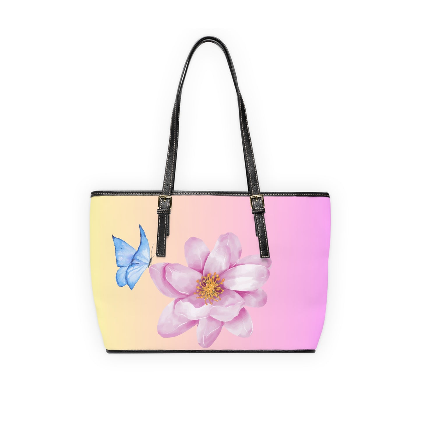Pastel Butterfly and Flower Leather Shoulder Bag – Soft Gradient Tote – Dreamy Chic Handbag